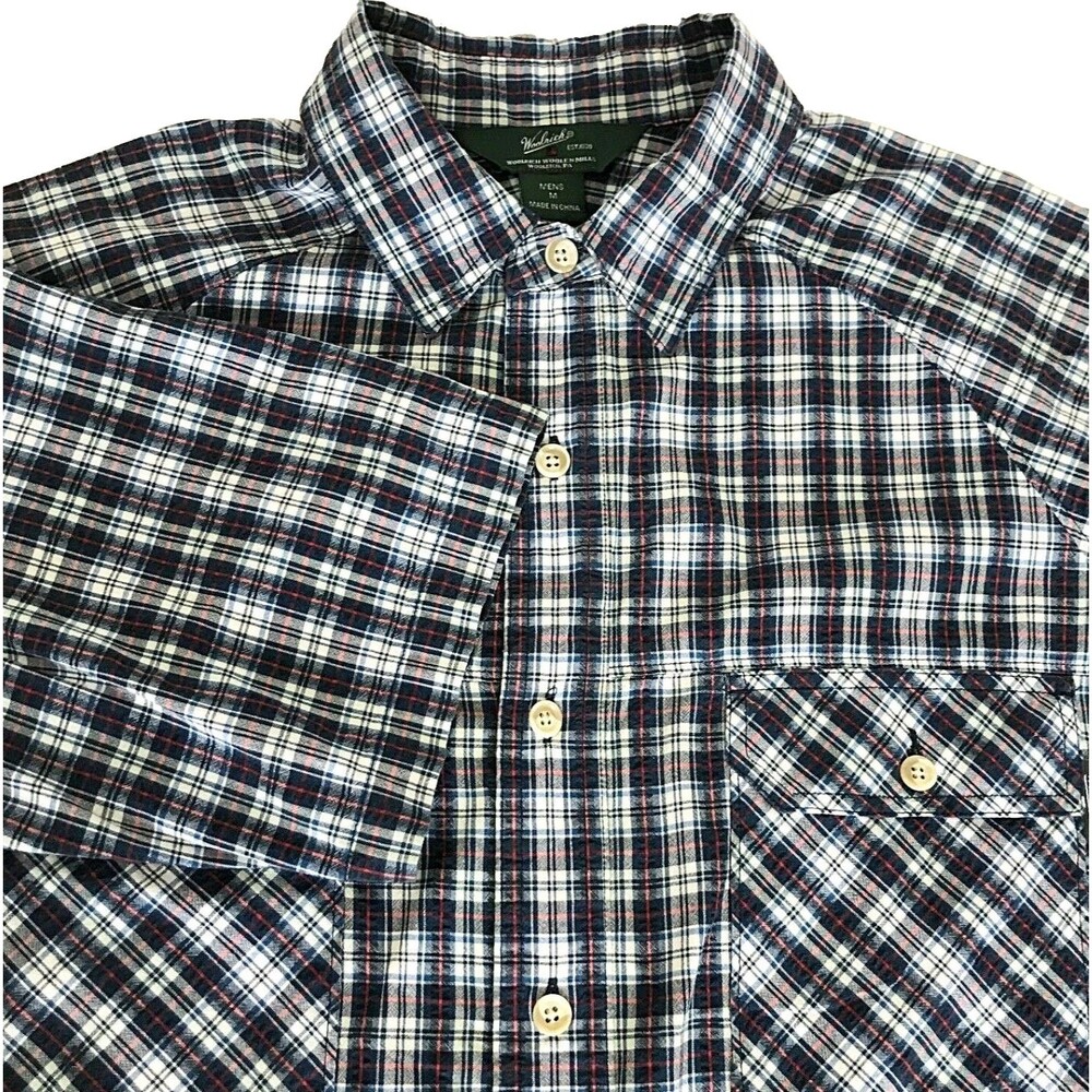 Woolrich Shirt Plaid Blue Black Cotton M Mens Short Sleeve Camp Button Gorpcore